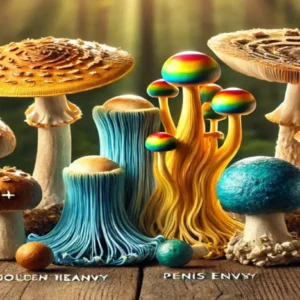 Various magic mushroom strains including Golden Teachers, Blue Meanies, B+, Penis Envy, and Mazatapec on a wooden table