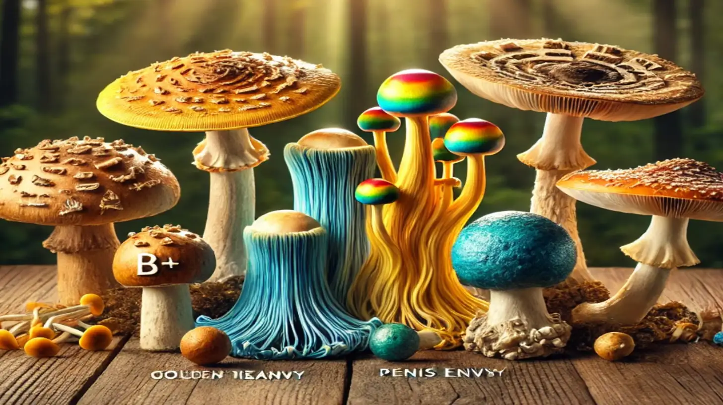 Various magic mushroom strains including Golden Teachers, Blue Meanies, B+, Penis Envy, and Mazatapec on a wooden table