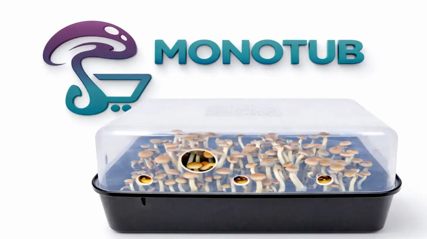 Monotub mushroom cultivation setup with mycelium and growing mushrooms for beginners