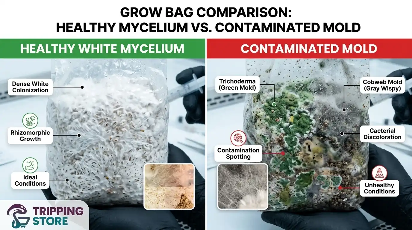 contaminated vs healthy mushroom grow comparison grow bags