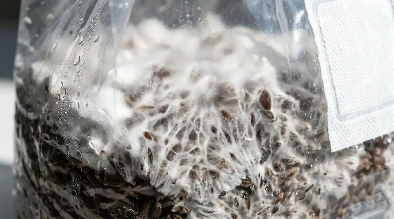 healthy white mycelium growth in mushroom grow bag substrate