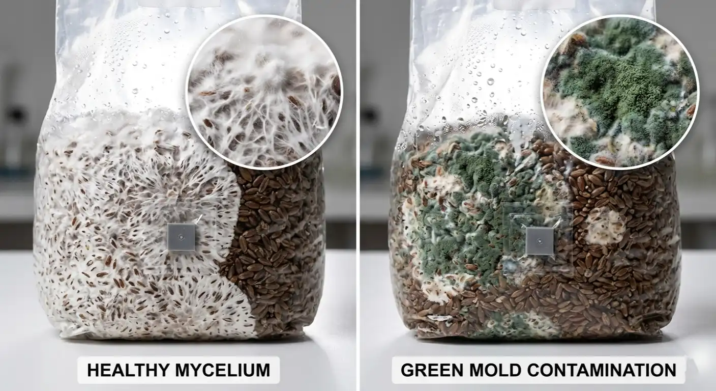 mycelium vs mold comparison in grow bag showing white mycelium and green contamination
