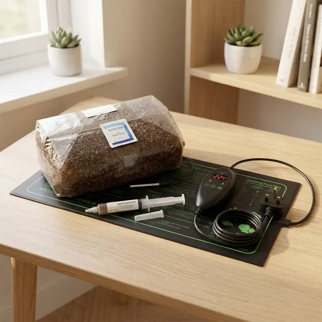 beginner mushroom grow setup UK grow bag syringe and heat pad