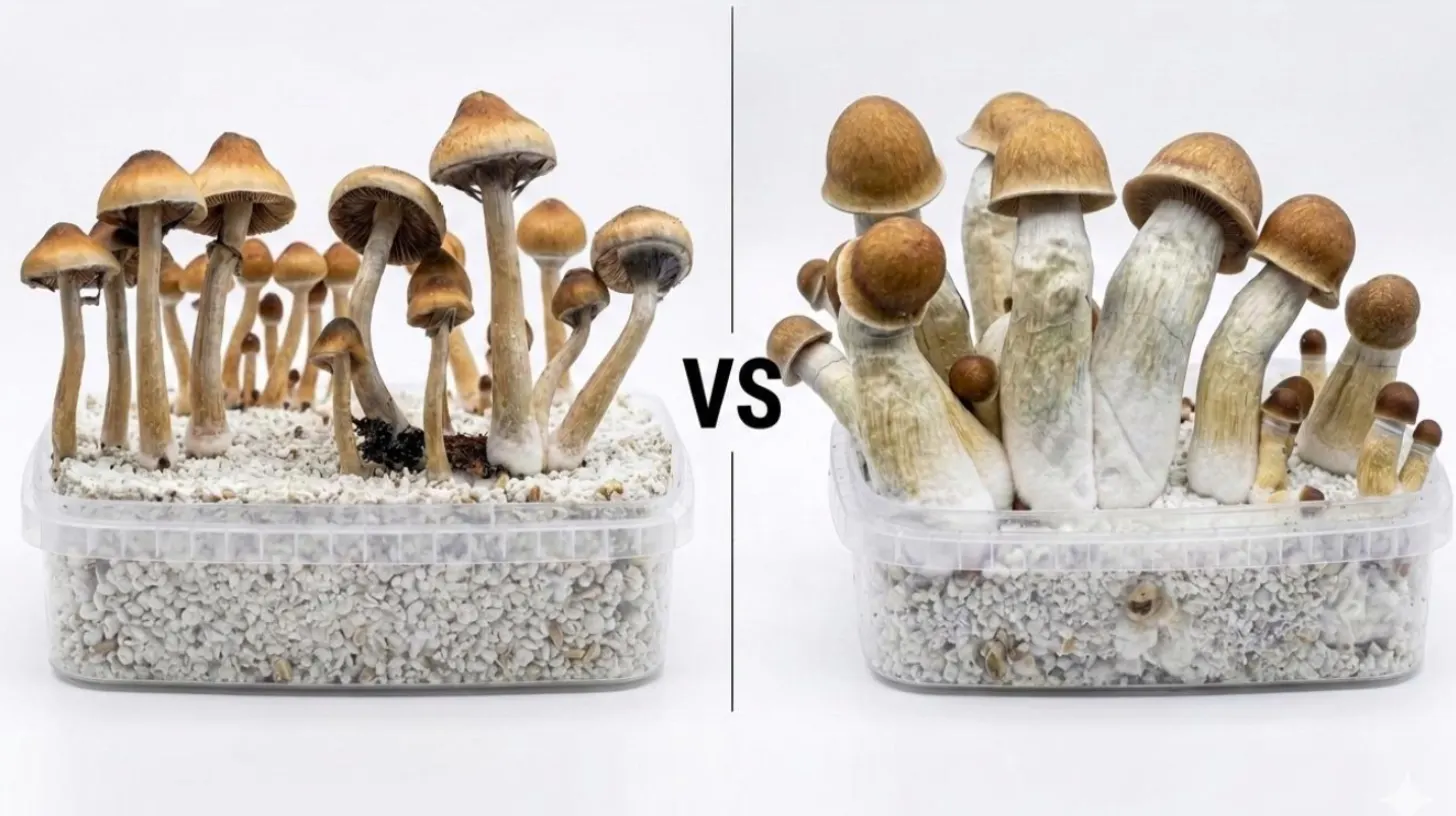 Golden Teacher vs Penis Envy Psilocybe cubensis mushroom strain comparison for microscopy research