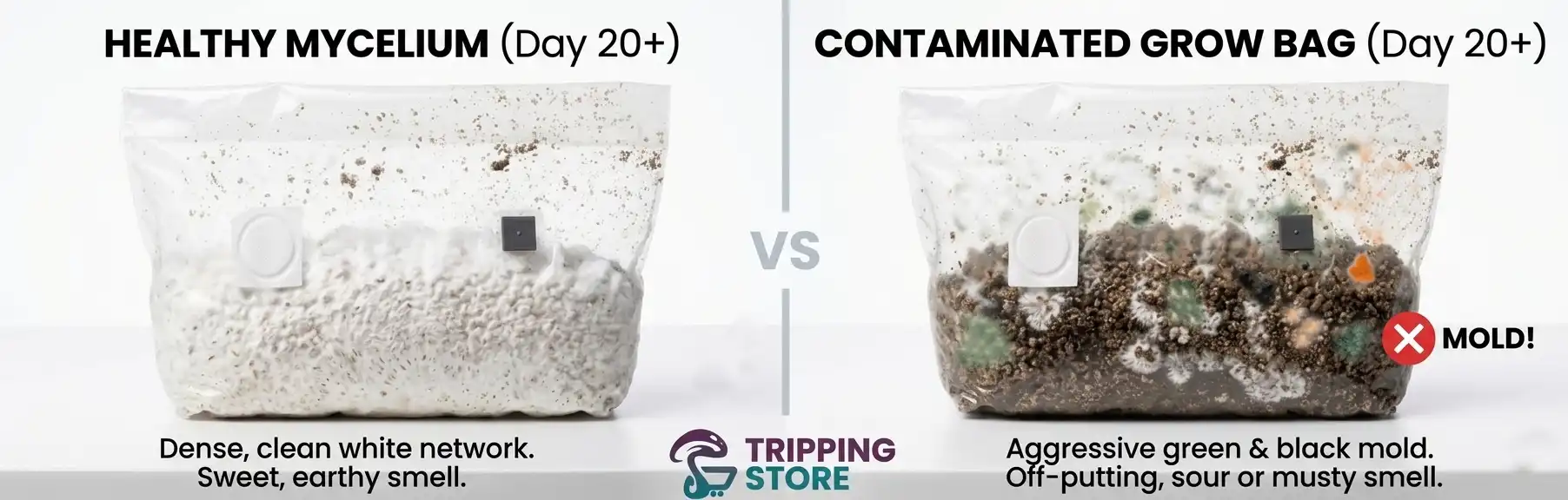 healthy vs contaminated mycelium grow bag comparison