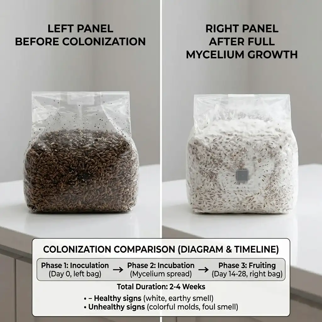 mushroom grow bag colonization stages before and after mycelium growth