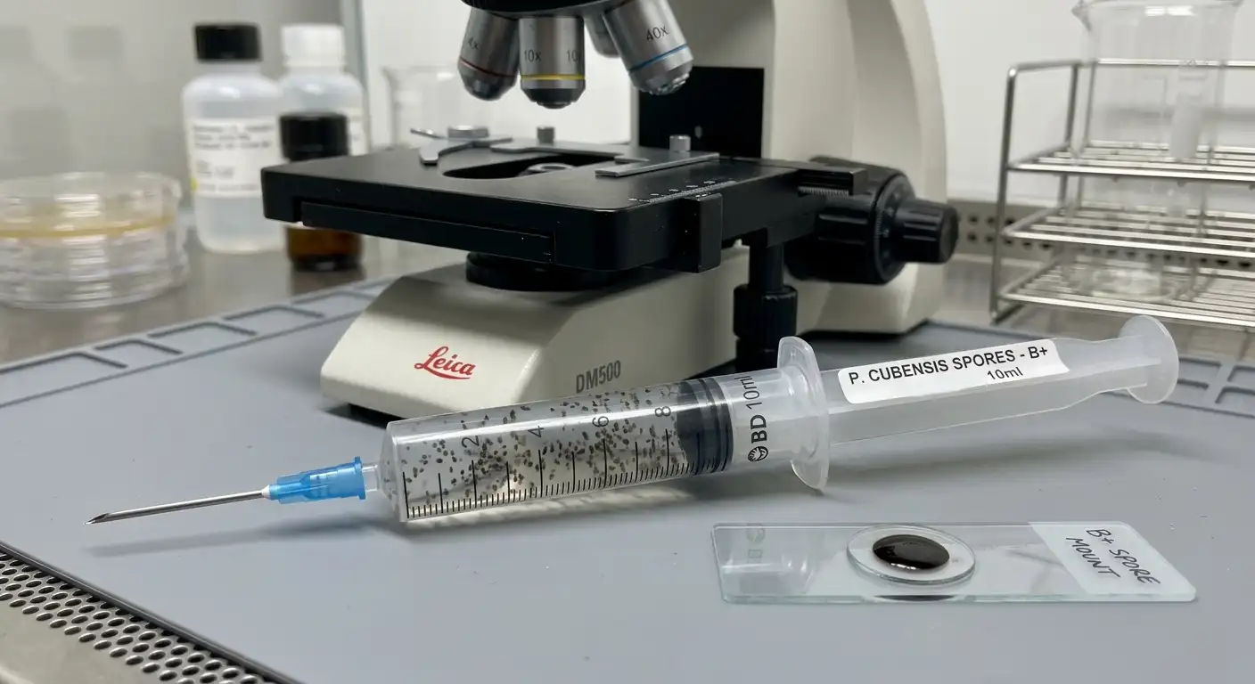 Close-up of a spore syringe containing mushroom spores in sterile water for cultivation and research