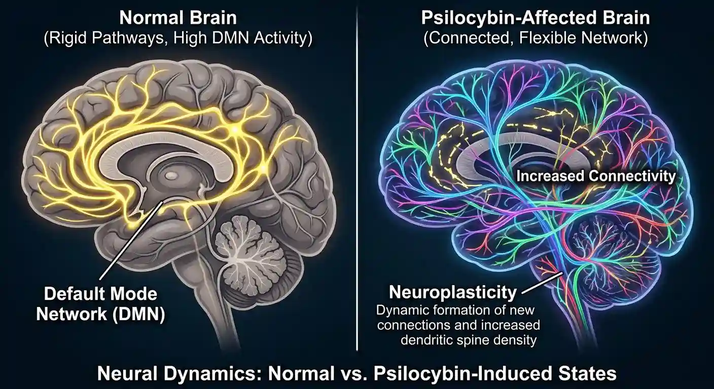 how psilocybin therapy works in the brain neuroplasticity DMN