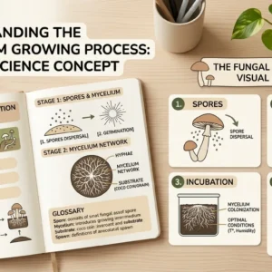 Beginner mushroom growing setup showing mycelium developing inside a grow bag with substrate in a clean indoor cultivation environment for an easy guide to mushroom growing terms