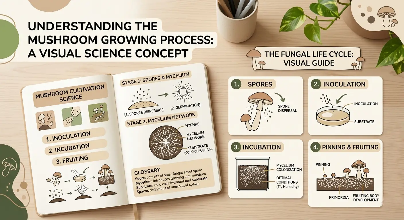 Beginner mushroom growing setup showing mycelium developing inside a grow bag with substrate in a clean indoor cultivation environment for an easy guide to mushroom growing terms