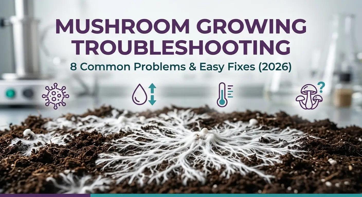 Featured image for a mushroom growing troubleshooting guide showing common cultivation problems, healthy mycelium, and practical solutions for beginner mushroom growers.