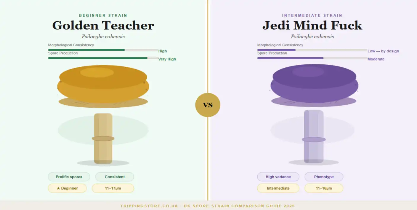 Golden Teacher vs Jedi Mind Fuck Psilocybe cubensis spore comparison UK microscopy 2026