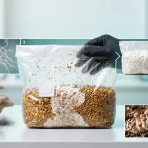 Mushroom life cycle showing spores, mycelium growth in grain grow bag, substrate colonization, and fruiting mushrooms