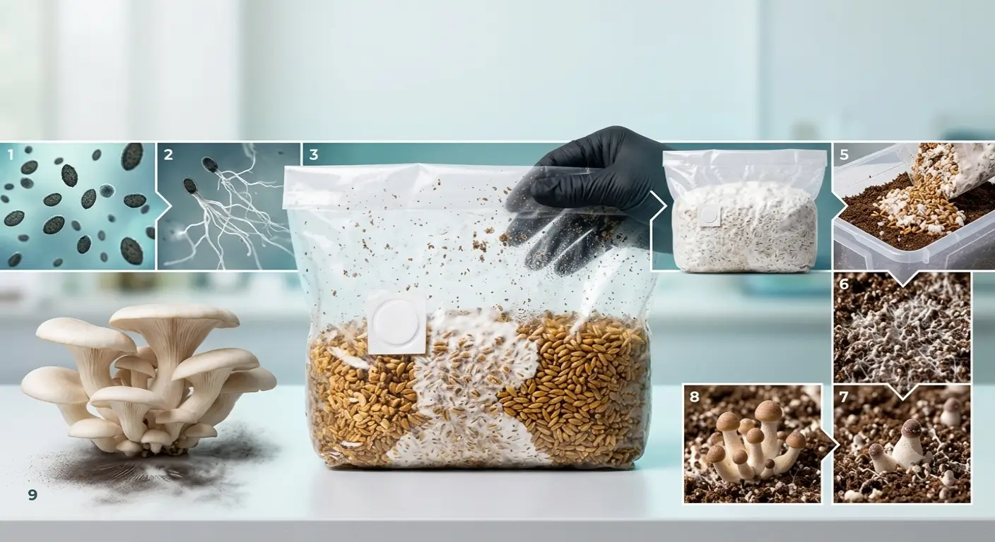 Mushroom life cycle showing spores, mycelium growth in grain grow bag, substrate colonization, and fruiting mushrooms