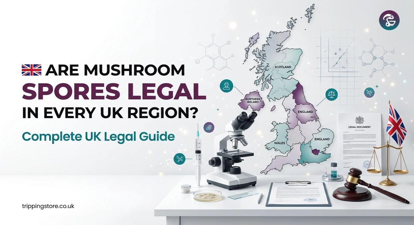 Map of the United Kingdom with mushroom spore syringe, microscope, and legal documents representing the legal status of mushroom spores in the UK.