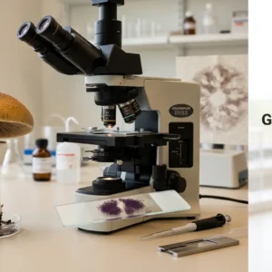 Golden Teacher Psilocybe cubensis spore syringe UK microscopy guide showing spore morphology and size 2026