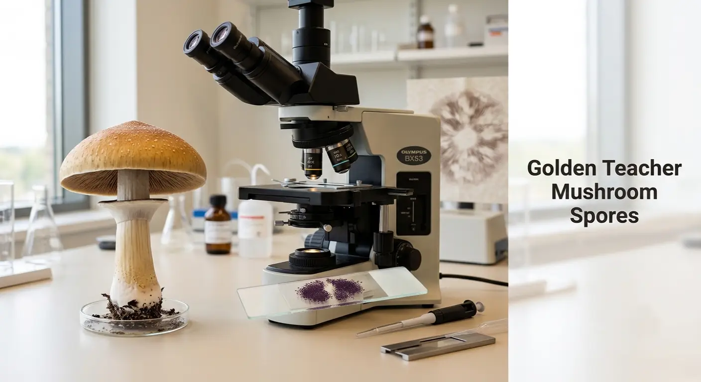Golden Teacher Psilocybe cubensis spore syringe UK microscopy guide showing spore morphology and size 2026