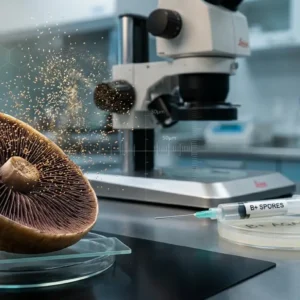 B+ mushroom spores under a microscope with a sterile spore syringe in a modern mycology laboratory.