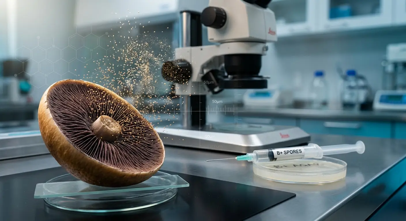 B+ mushroom spores under a microscope with a sterile spore syringe in a modern mycology laboratory.