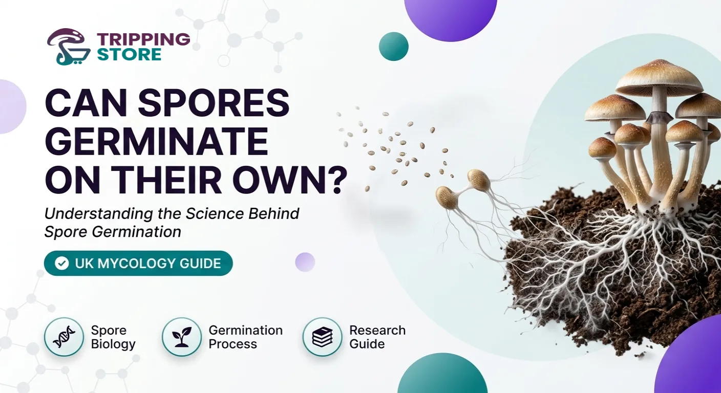 Illustration showing mushroom spores connecting to form hyphae and a healthy mycelium network, explaining whether spores can germinate on their own.