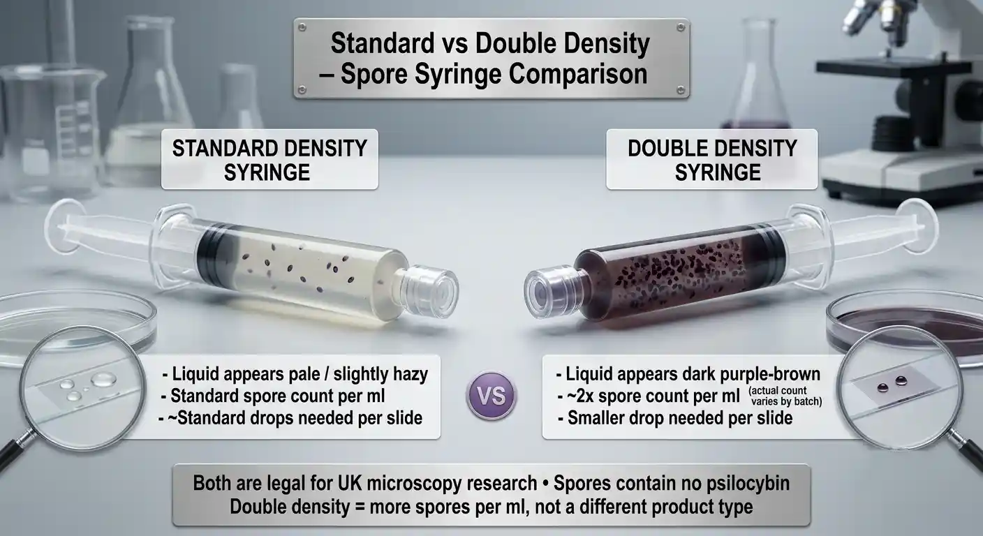 Side by side comparison of a standard spore syringe and a double density spore syringe showing the darker concentration of spores in the double density version