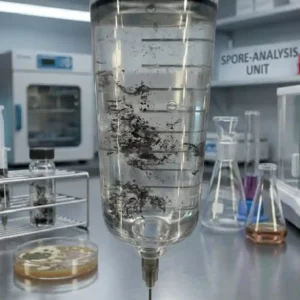 Double density spore syringe UK guide showing concentrated dark spore suspension and comparison with standard syringe for microscopy research 2026