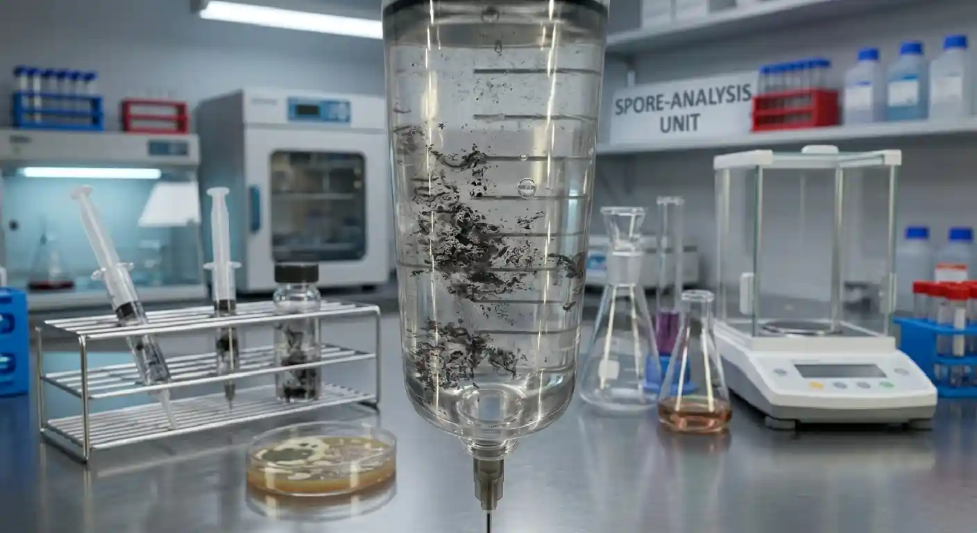Double density spore syringe UK guide showing concentrated dark spore suspension and comparison with standard syringe for microscopy research 2026