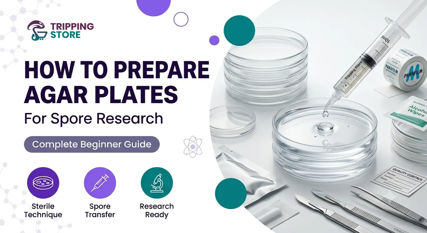 Sterile agar plates prepared for mushroom spore research with a spore syringe, petri dishes, and laboratory tools in a clean scientific workspace.