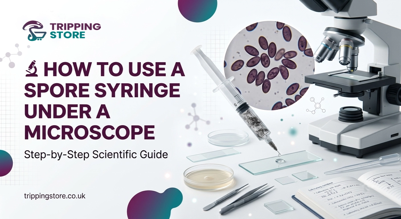 Sterile mushroom spore syringe being used to prepare a microscope slide for mycology microscopy research.