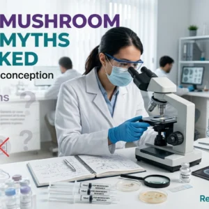 Scientist examining magic mushroom spores under a microscope while debunking common myths with scientific research in a sterile laboratory.