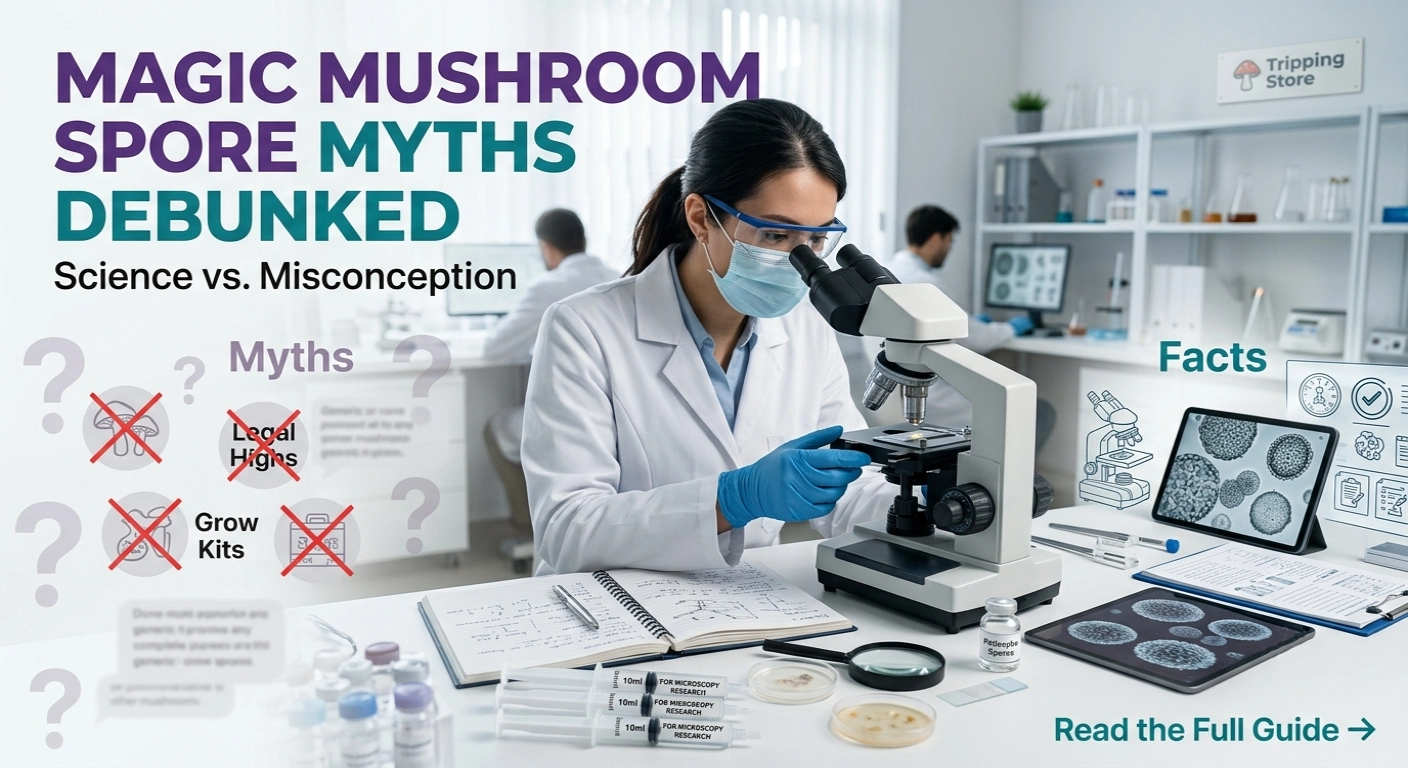 Scientist examining magic mushroom spores under a microscope while debunking common myths with scientific research in a sterile laboratory.