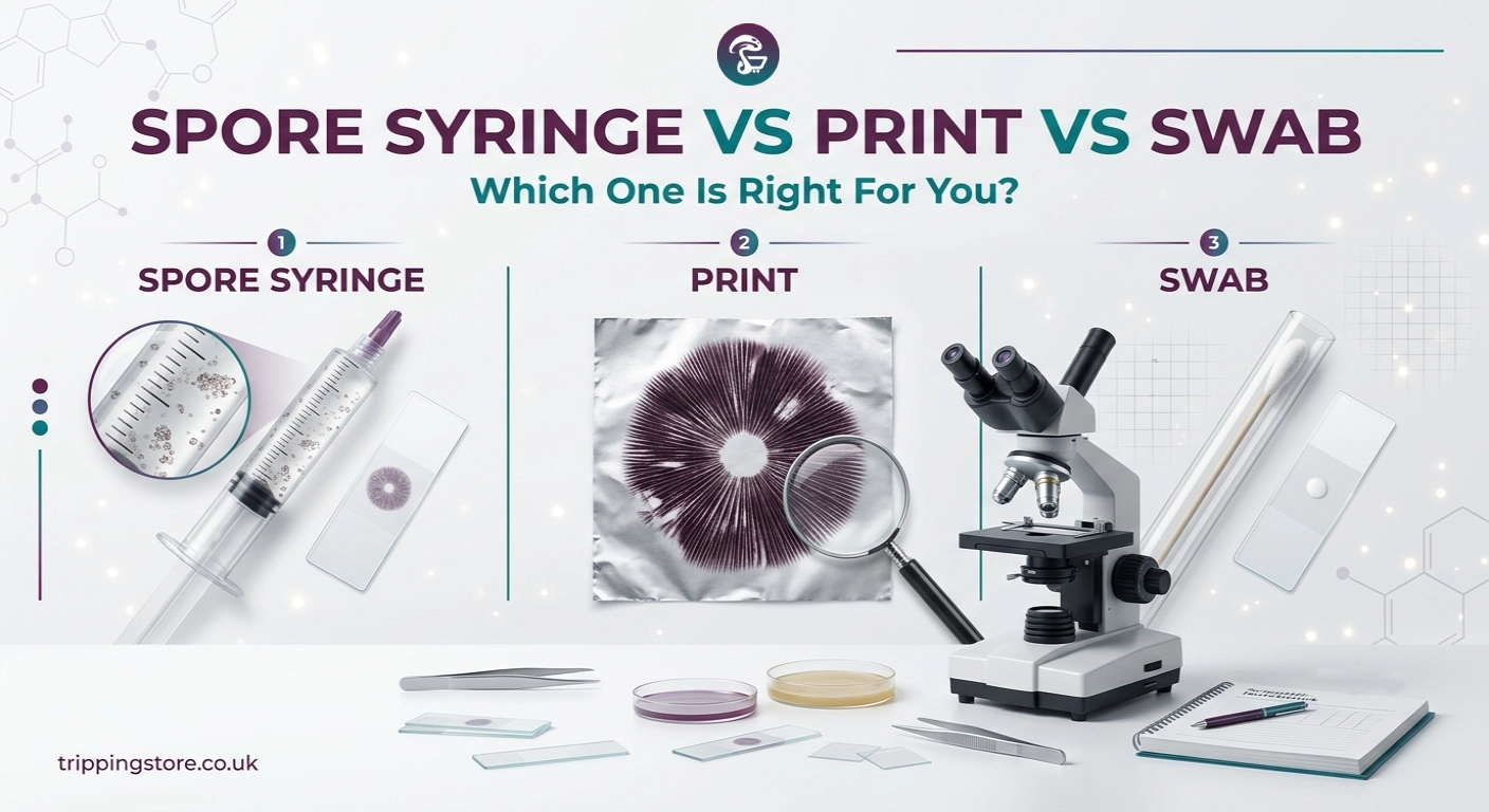 Comparison of a mushroom spore syringe, spore print, and spore swab with microscopy equipment for mycology research.