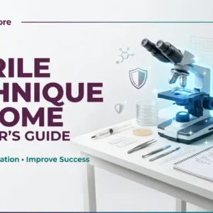 Sterile home laboratory workspace with microscope, mushroom spore syringe, 70% isopropyl alcohol, gloves, and scientific equipment for mycology research.