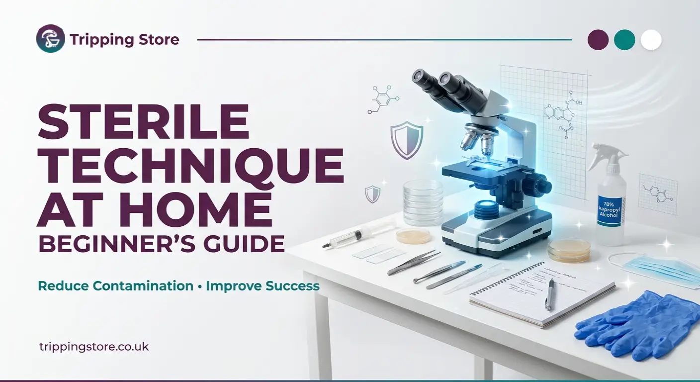 Sterile home laboratory workspace with microscope, mushroom spore syringe, 70% isopropyl alcohol, gloves, and scientific equipment for mycology research.