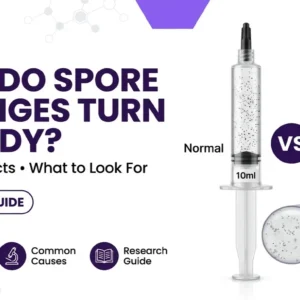 Comparison of a clear and slightly cloudy mushroom spore syringe, explaining common causes of cloudy spore syringes for microscopy and mycology research.