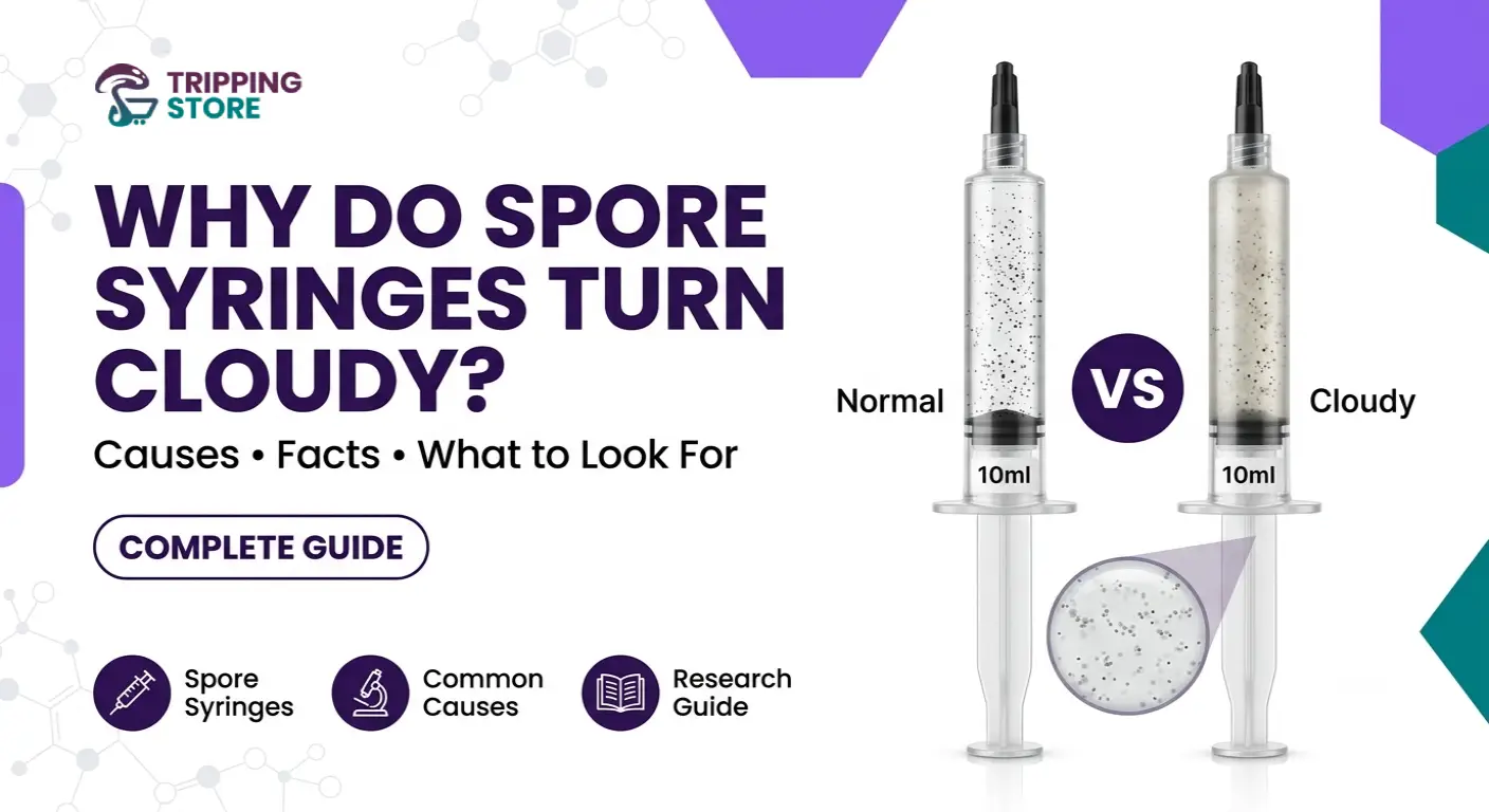 Comparison of a clear and slightly cloudy mushroom spore syringe, explaining common causes of cloudy spore syringes for microscopy and mycology research.
