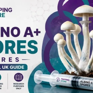 Realistic Albino A+ mushrooms with a premium Albino A+ spore syringe, illustrating a complete UK guide for microscopy and mycology research.