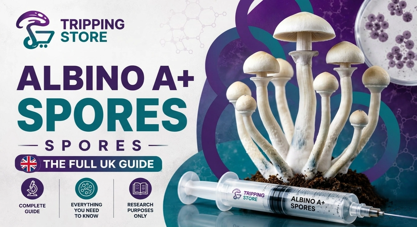 Realistic Albino A+ mushrooms with a premium Albino A+ spore syringe, illustrating a complete UK guide for microscopy and mycology research.
