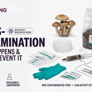 Mushroom spore syringe, sterile grow bag, Petri dishes and research equipment illustrating cross-contamination prevention in mycology research.