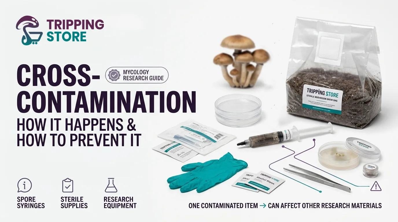 Mushroom spore syringe, sterile grow bag, Petri dishes and research equipment illustrating cross-contamination prevention in mycology research.