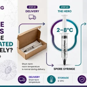 Spore syringe stored safely in a refrigerator at 2–8°C