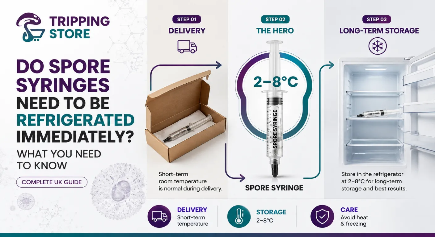 Spore syringe stored safely in a refrigerator at 2–8°C