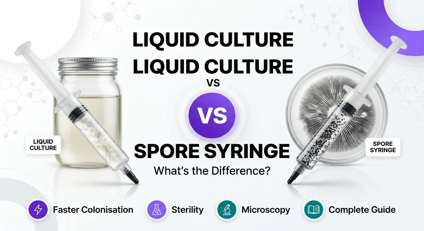 Comparison of a liquid culture syringe and a mushroom spore syringe, highlighting the key differences for mycology and microscopy research.