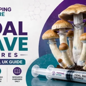 Realistic Tidal Wave mushrooms with a premium Tidal Wave spore syringe, illustrating a complete UK guide for microscopy and mycology research.