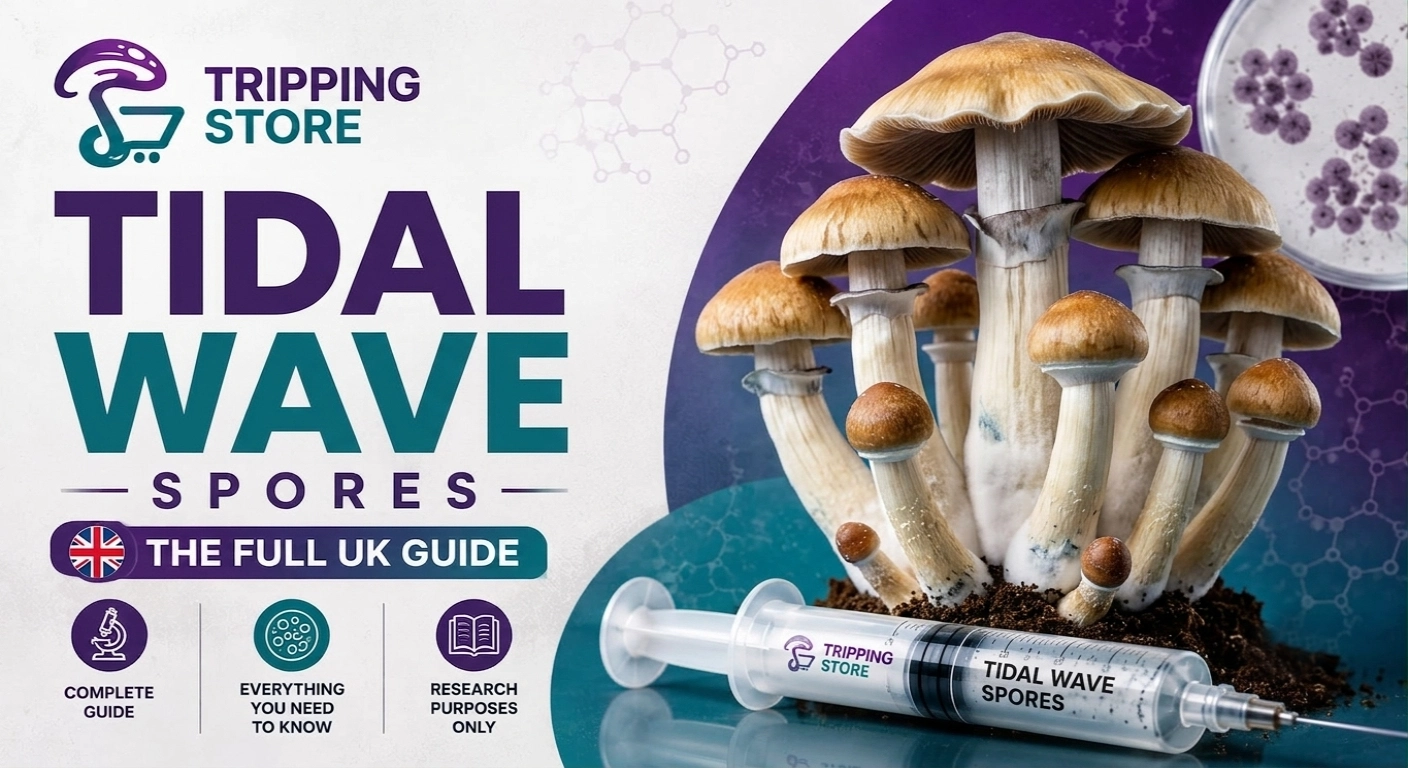 Realistic Tidal Wave mushrooms with a premium Tidal Wave spore syringe, illustrating a complete UK guide for microscopy and mycology research.